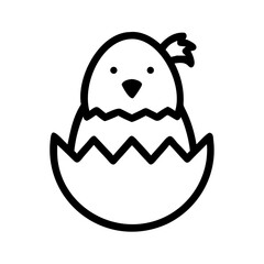Adorable outline drawing of a happy chick hatching from a cracked eggshell