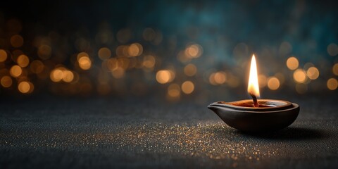 Illuminating Flame: A single, gracefully lit candle dances against a softly blurred backdrop of scattered lights, casting an inviting glow and symbol of peace and celebration.