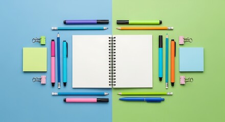 Creative flat lay of colorful school and office supplies with a blank spiral notebook on a vibrant split blue and green background
