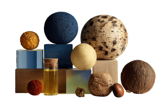 Abstract still life featuring various spherical and cubic forms