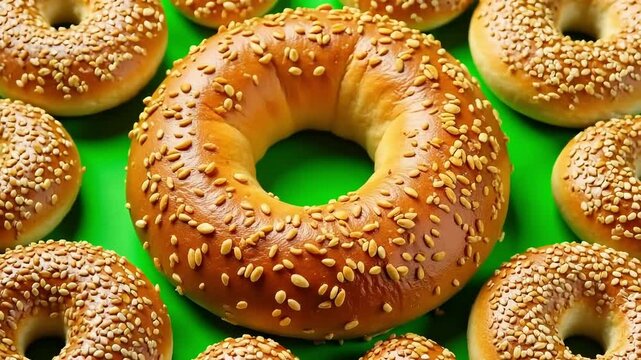 Freshly baked sesame seed bagels arranged on a vibrant green surface, a delicious breakfast treat.