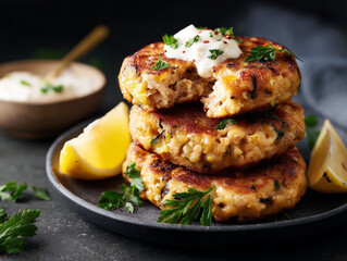 Fototapeta premium Salmon patties with lemon and yogurt sauce garnished with parsley
