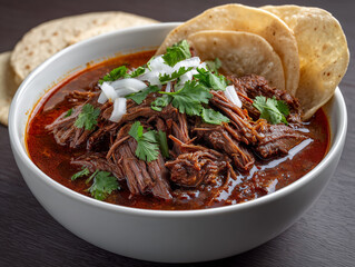 Bowl of mexican birria with shredded beef and corn tortillas