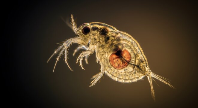Dramatic Close-Up of a Daphnia, Capturing its Transparent Exoskeleton and Internal Organs

