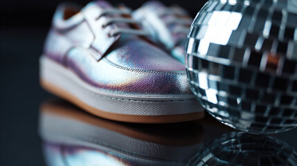 Stylish iridescent sneaker and disco ball on a reflective surface. Represents modern fashion, nightlife, and individuality. Ideal for fashion blogs or promotional material.