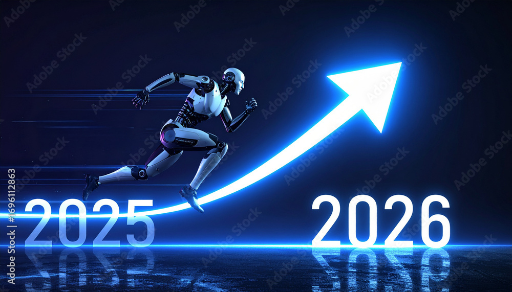 Poster a futuristic image of an ai robot running toward the future, symbolizing progress and growth in the 