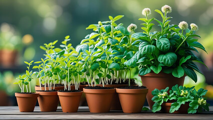Green plants in ascending pots