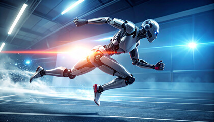 A futuristic robot swiftly running in a high-tech environment, the image evokes speed, innovation, and the rapid evolution of technology.