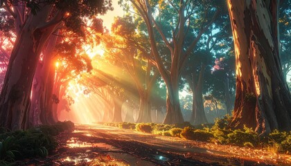 glowing artifact weaving reality in rainbow eucalyptus grove