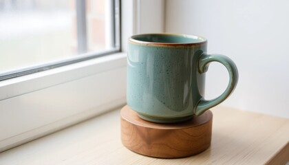 Simple ceramic mug on wooden coaster by window