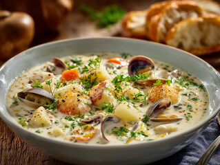 Creamy new england clam chowder with potatoes and bread