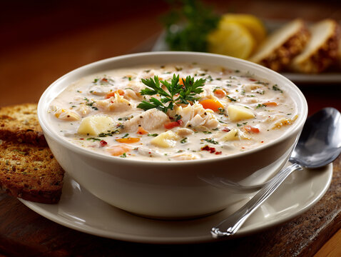 Creamy fish chowder garnished with parsley and served with crusty bread