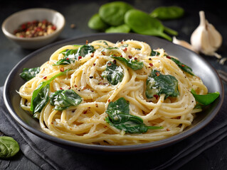 Creamy spinach and parmesan spaghetti with chili flakes