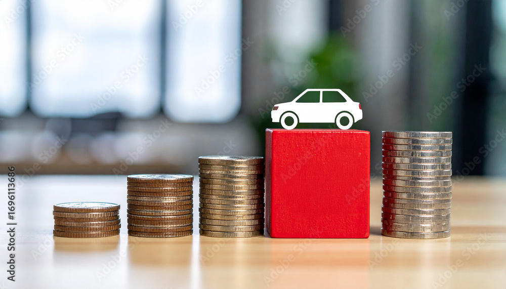 Poster an image shows a car model placed on coins that increase in size