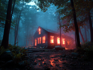 Abandoned cabin burning in a foggy forest at night