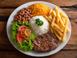 Brazilian dish presenting grilled steak, rice, beans, farofa, french fries and salad