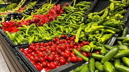 In the supermarket produce section, fresh tomatoes, cucumbers, green and red peppers in vibrant colors.
