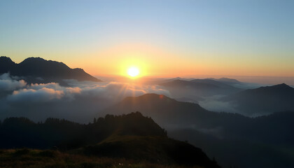 Fototapeta premium Breathtaking sunrise over misty mountains with soft clouds in morning 