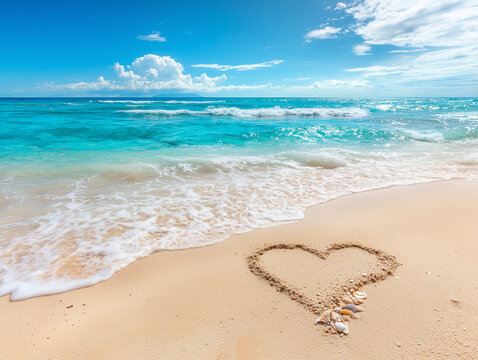 Heart drawn in the sand of a tropical beach with shells decorating it