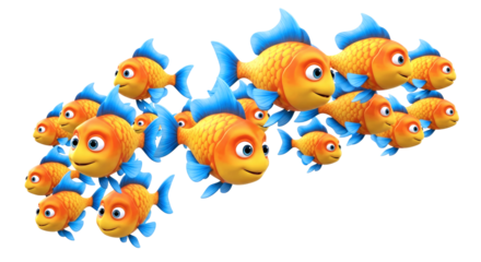 cheerful school of cartoon fish joyful 3d model for animation, games, and childrens projects, isolated on transparent background