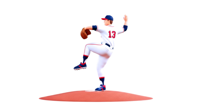 dynamic baseball pitcher 3d model for games, animations, and cartoons, isolated on transparent background