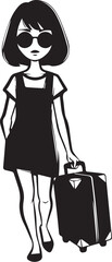 A stylish young woman in sunglasses and a dress walks with a suitcase, ready for a journey.