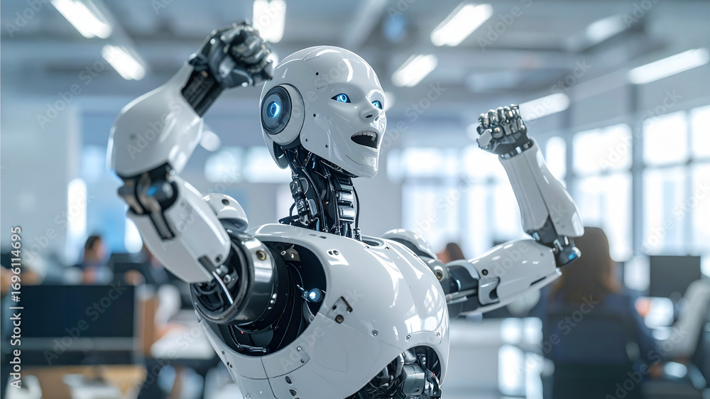 Poster a triumphant robot celebrating a success in a futuristic office setting. the robot stands proudly wi