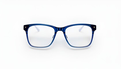 Fototapeta premium a pair of blue framed eyeglasses with clear lenses centered on a white background in a studio shot