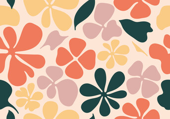 A groovy retro mid century modern floral pattern with soft pastel colors and organic shapes