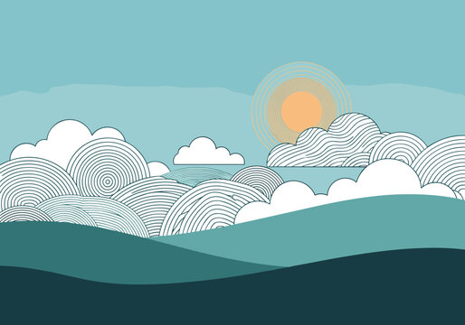 Serene abstract landscape featuring rolling hills and stylized clouds under a bright sun
