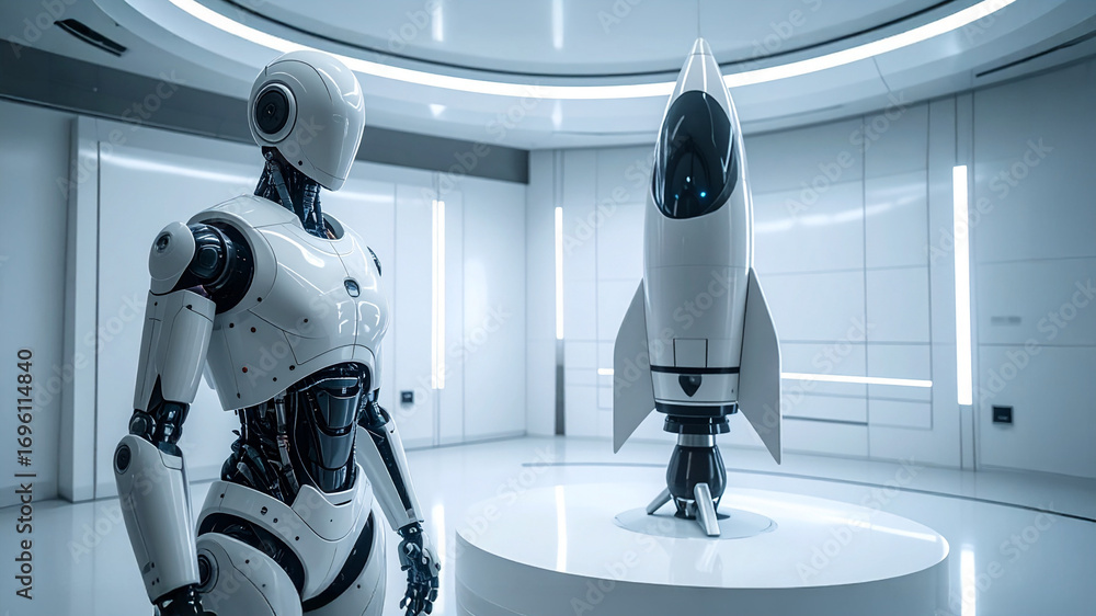 Poster A sleek robotic figure contemplating the future of space exploration near a rocket model. The scene is set in a modern, futuristic environment with a focus on technology and innovation