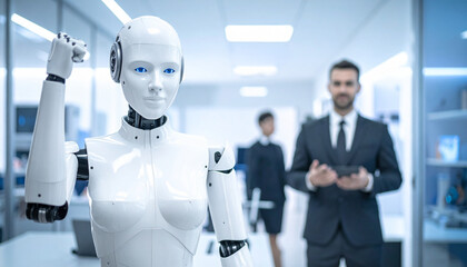 A futuristic robot stands confidently in a modern office setting, with people in the background observing