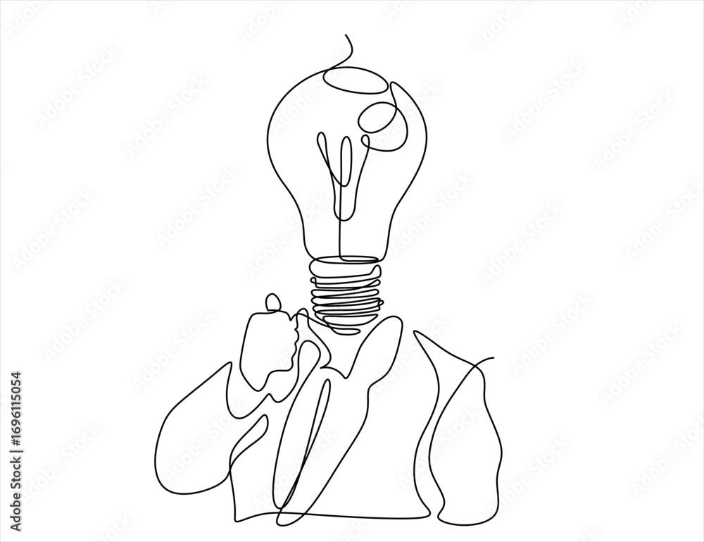 Poster continuous one line drawing of business man with bulb lamp head. business idea. huge glowing light b