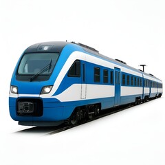 a blue and white commuter train on a track against a plain white background in a studio shot