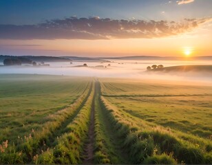 Serene Sunrise Over Misty Fields with Calm Landscape in Autumn