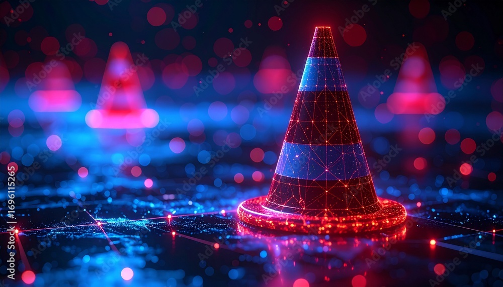 Poster abstract image featuring illuminated traffic cones, suggesting a network connection. it’s a vibrant 