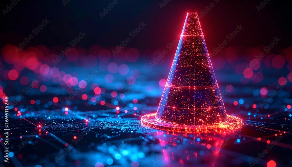 Poster a digital safety cone glowing with blue and red lights on a circuit board background, symbolizing tr