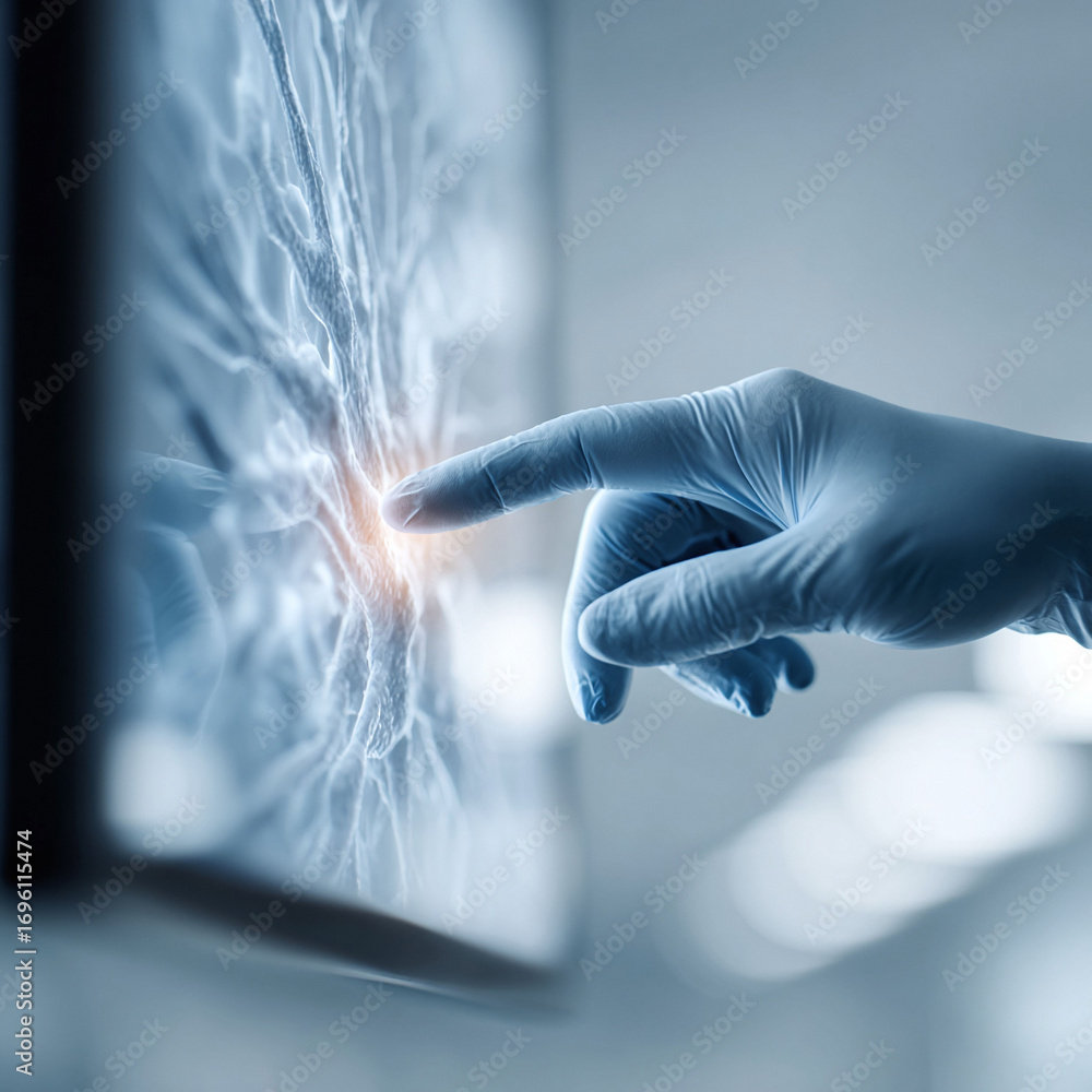 Aufkleber a gloved hand interacts with a digital display showing a complex, abstract network. evokes themes of