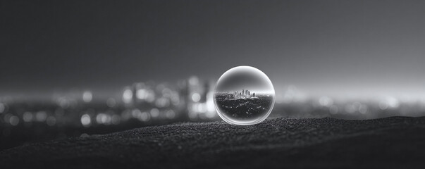 Monochrome crystal ball reflecting a cityscape. Conceptual image of dreams, future vision, and urban perspectives. Suitable for business or travel themes.