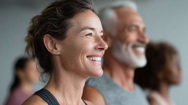 Smiling mature woman in focus, with diverse people blurred behind her. Represents healthy lifestyle, optimism, fitness, and community. Use for wellness, aging, or teamwork.