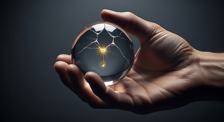 A human hand cradles a clear, cracked sphere, within which a luminous golden liquid drips. A compelling abstract image of value, fragility, and potential.