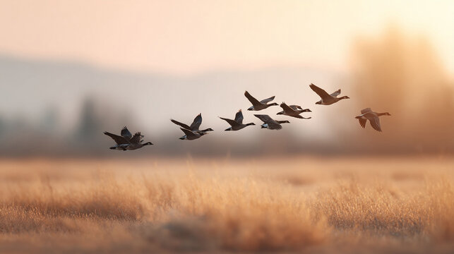 A flock of geese soars across a golden field at dawn. Evokes freedom, migration, and natures beauty. Perfect for travel, wildlife, or motivational themes.
