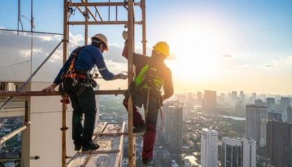 Two construction workers are climbing a scaffold with a city skyline background. The setting sun bathes the scene in a warm light, emphasizing the hard work and dedication of the workers.