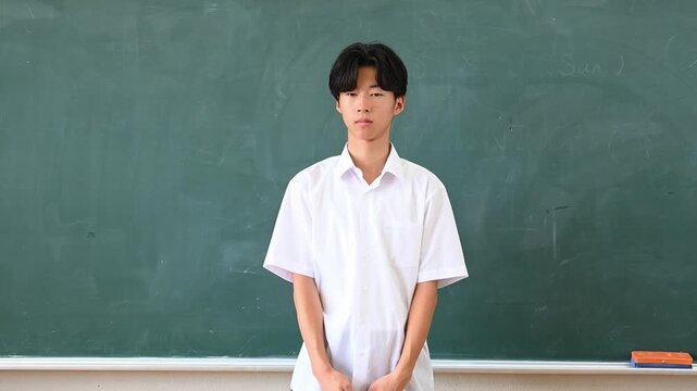 学校の教室でクイズに答える男子学生　○&times;で回答する学習シーン