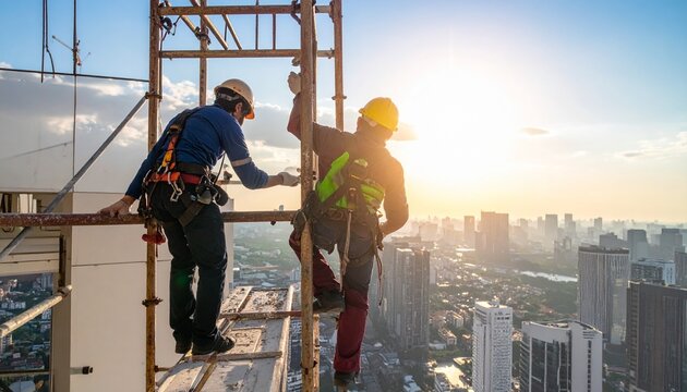 Two construction workers are climbing a scaffold with a city skyline background. The setting sun bathes the scene in a warm light, emphasizing the hard work and dedication of the workers.