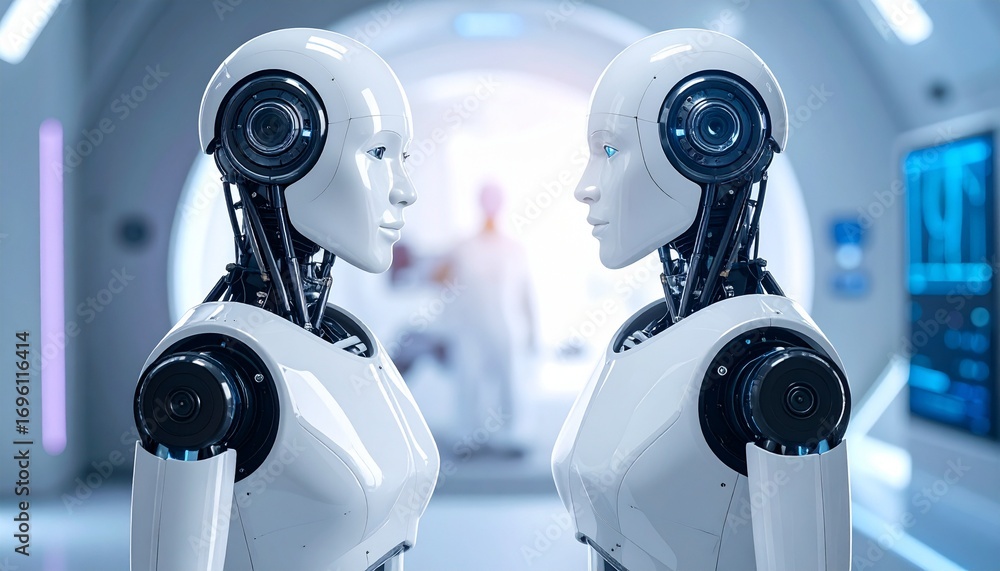 Poster two elegant robots are facing each other in a futuristic setting, creating a sense of anticipation o