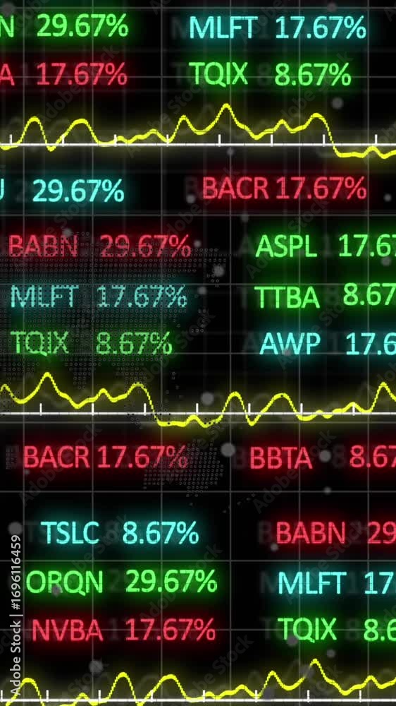 Poster animation of financial data processing over black background