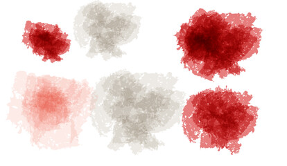 An abstract arrangement of six watercolor-style blots in varying shades of red and gray, creating a textured, artistic composition on a white background.