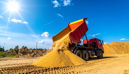 Fototapeta premium A vibrant image of a dump truck discharging a large pile of sand, with a bright sun shining in a blue sky