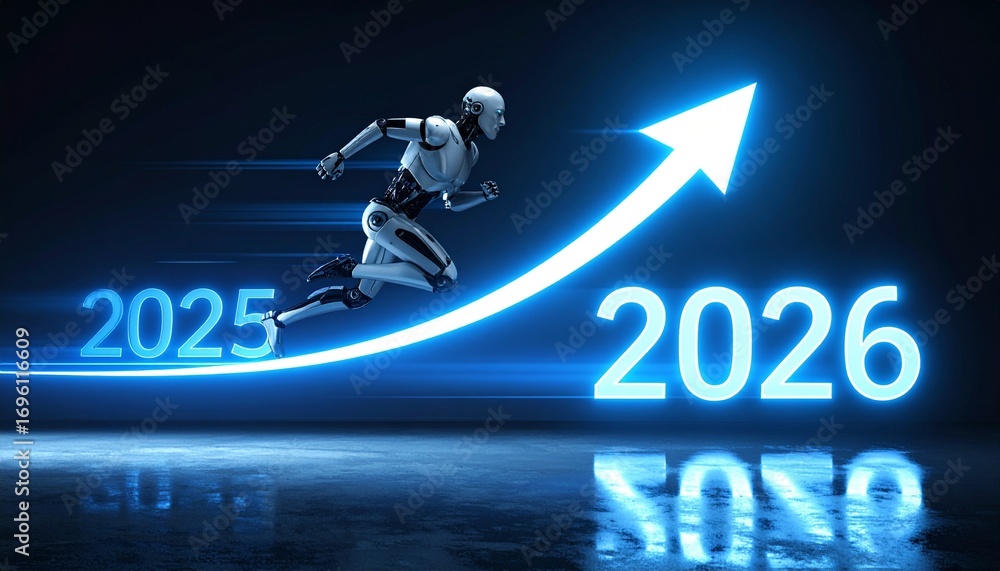 Poster an image of a robot with a bright arrow is moving towards 2026, a concept of future technology